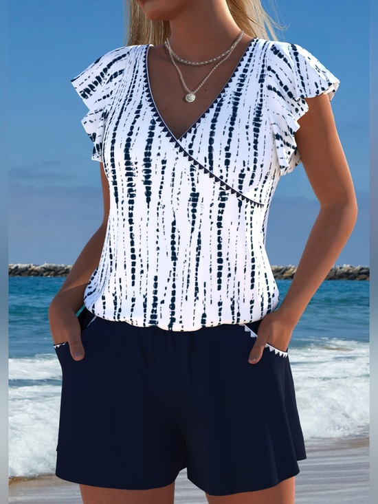 Rosewe Other - Tie Dye Navy & White Striped V-Neck Flutter Sleeve Romper One-Piece Swimsuit XL